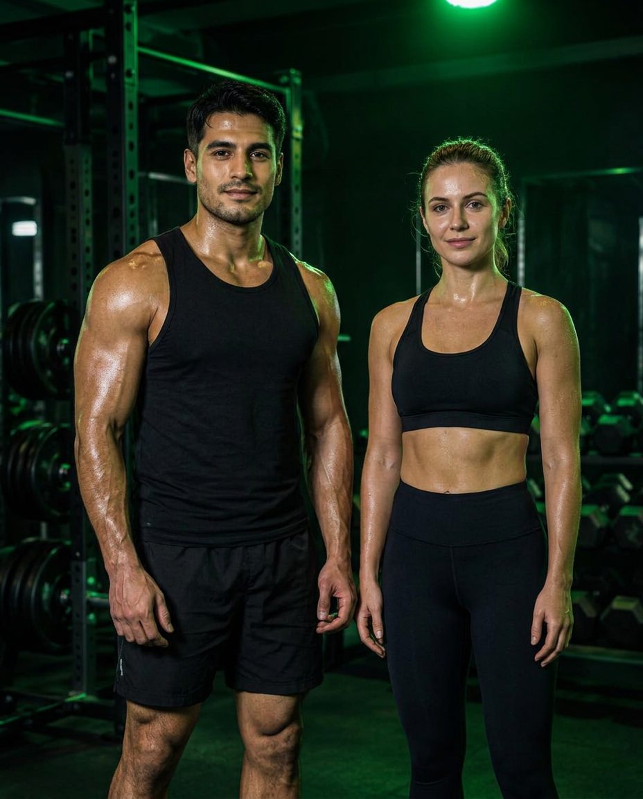 Hombre y mujer fitness después de completar el reto de 40 días, en un gimnasio con iluminación verde
